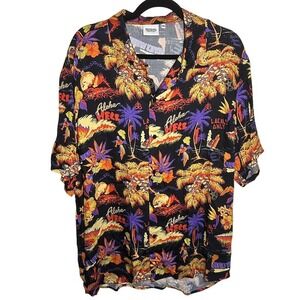 SSS World Corp Mens XXL Aloha Hell Print Button Up Short Sleeve Shirt Halloween‎